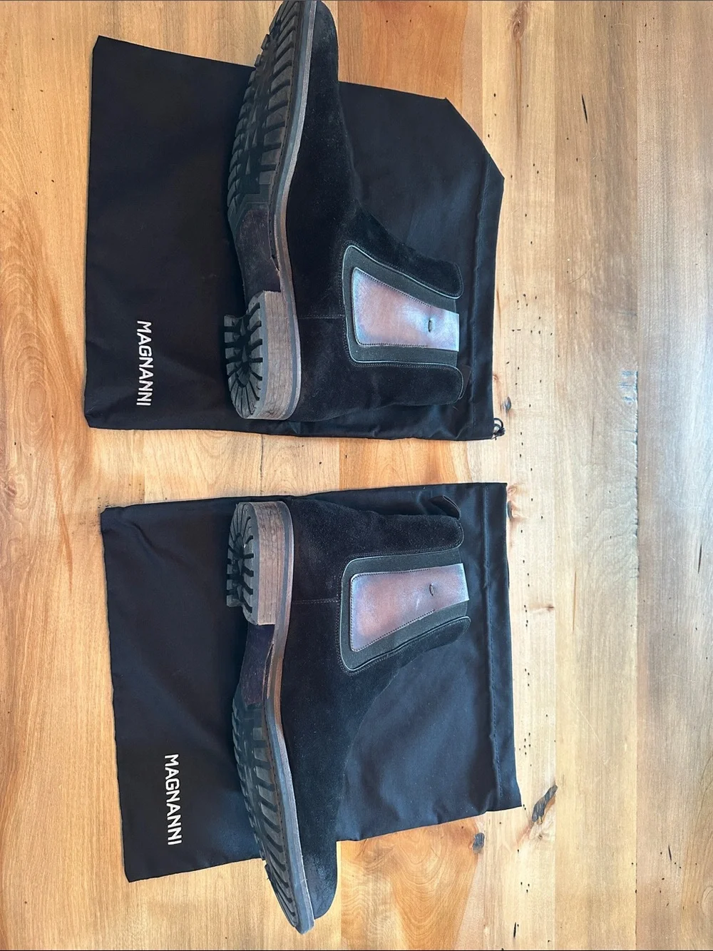 Magnanni Black Suede Chukka Boots with Brown Pull Tabs